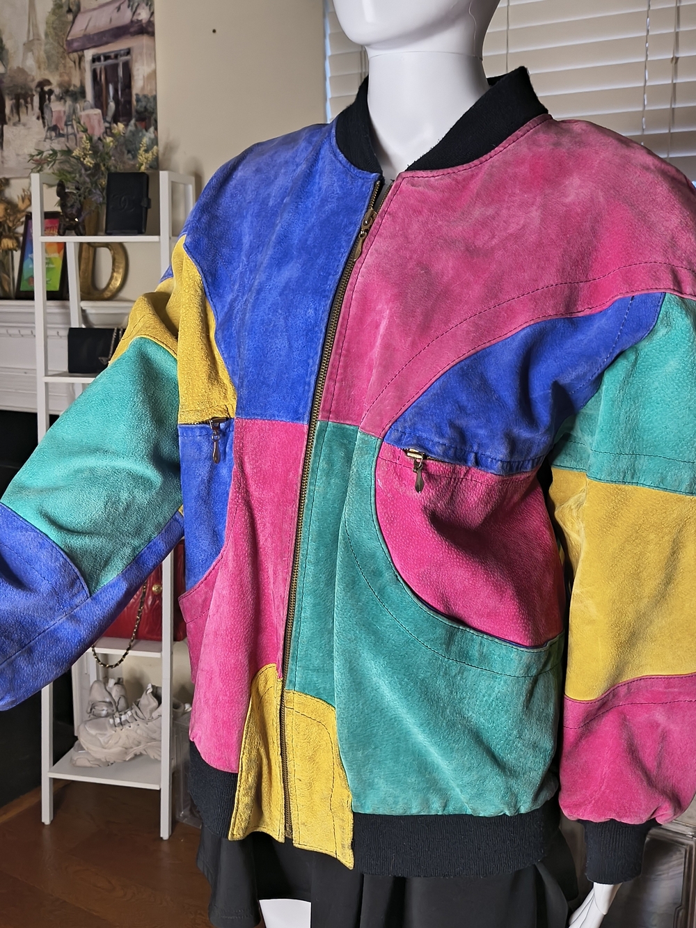 Vintage PELLE 80s 90s Colorblock Genuine Suede Leather Jacket M